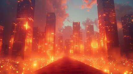 Naklejka premium Futuristic city skyline at sunset with glowing buildings and dramatic clouds in the background