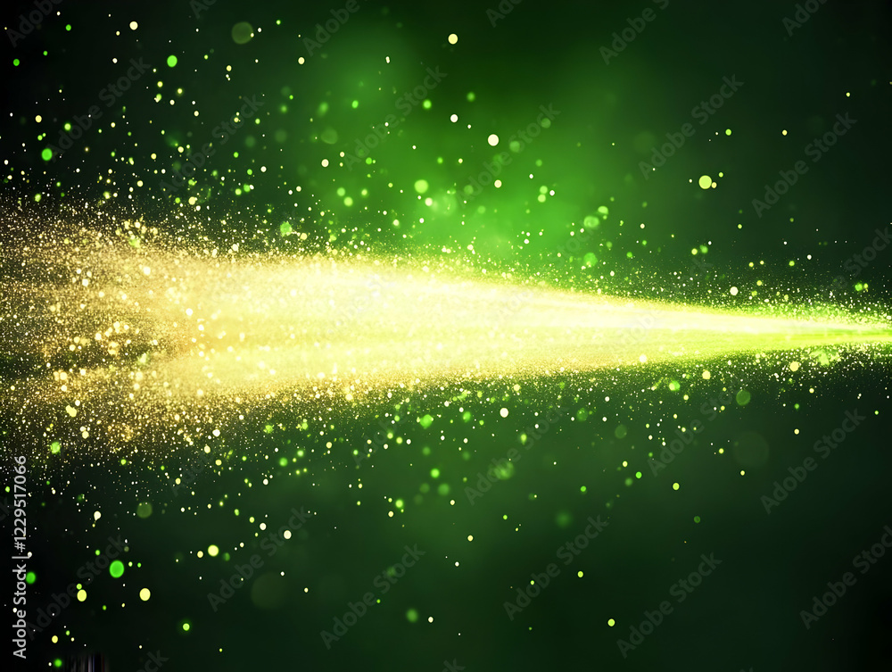 Poster golden glitter streak illuminates green background with sparkling particles and bokeh effect