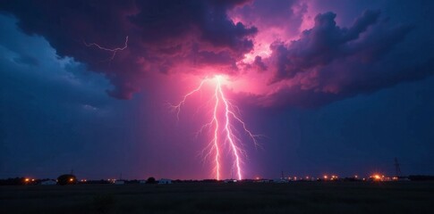 The sky is ablaze with lightning and electricity on a stormy night, fiery, thunderous