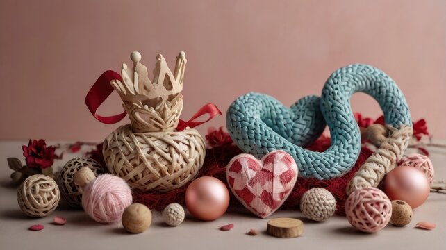 Happy valentine's day concept color decoration arrangement with seasonal ornaments. Decorative holiday collection with painted hearts & wooden snake wearing crown with wool figurine.