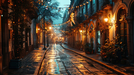 Fototapeta premium Mexico City in the very old times, all the streets adorned with festive with lights 