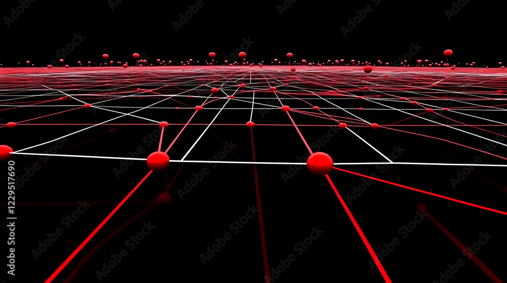 Aufkleber 3d abstract grid with red spheres connected by white and red lines on a black background