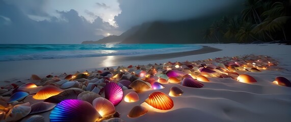 An eye catching tropical beach scene filled with colorful shells adorning the shore