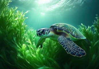 Majestic Sea Turtle Swimming Gracefully Through Lush Green Underwater Vegetation in a Vibrant Ocean Environment