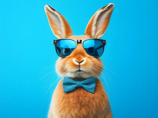 Stylish Rabbit Wears Sunglasses and Bow Tie on Blue Background