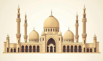 Obraz premium Grand mosque exterior with domes, minarets, arches, clear sky background, travel/culture illustration
