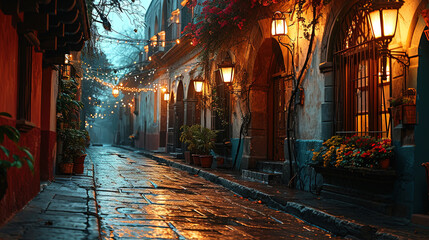 Fototapeta premium Mexico City in the very old times, all the streets adorned with festive with lights 