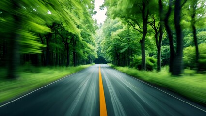 Obraz premium Lush green forest road in motion blur