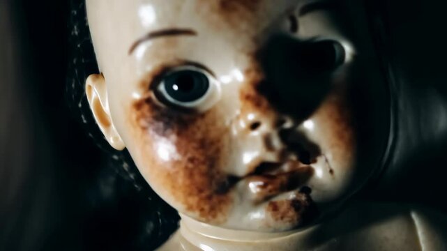 Extreme close-up: weathered doll's face with burn damage and freckle-like marks across porcelain skin. Dark lighting creates eerie horror atmosphere with haunting shadows.
