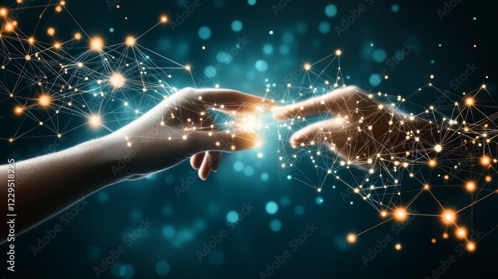 Poster connecting to the digital neural network a person s hand reaches out towards a web of nodes