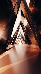 Abstract copper triangular corridor with bright light.