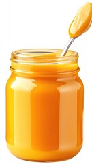 Vibrant jar of golden honey with spoon.