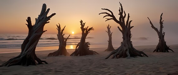 An imaginative beach scene filled with fantastical driftwood creatures dancing at sunset