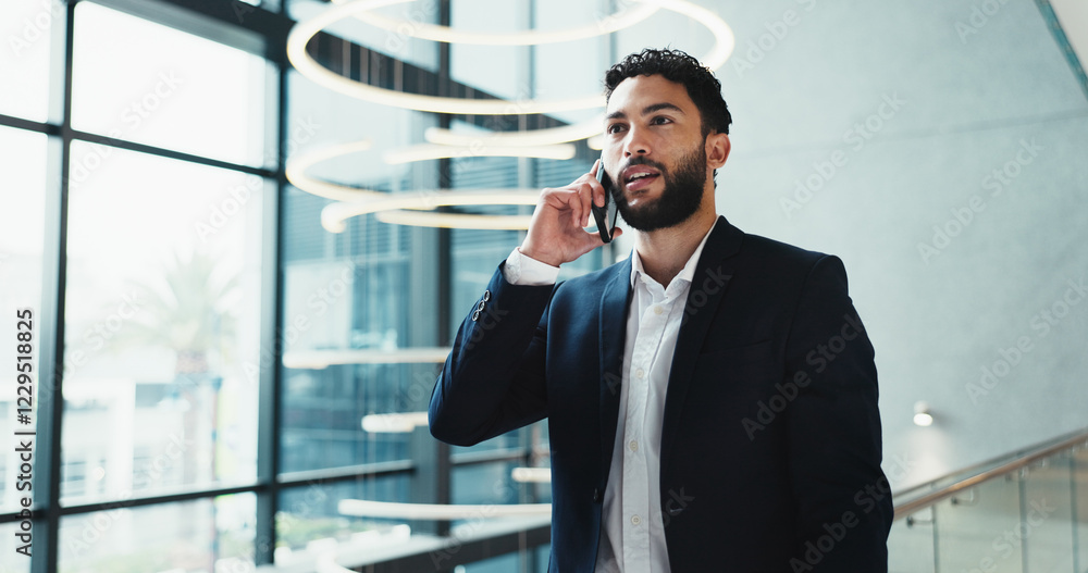 Poster explaining, serious and man in office, phone call and negotiation for price of property and conversa