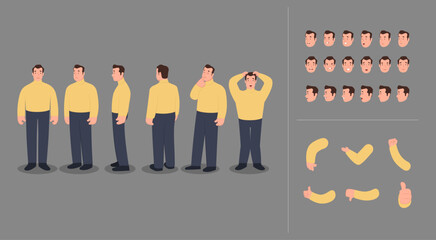 A Man Character Design Model Sheet with different poses and expressions. Vector illustration