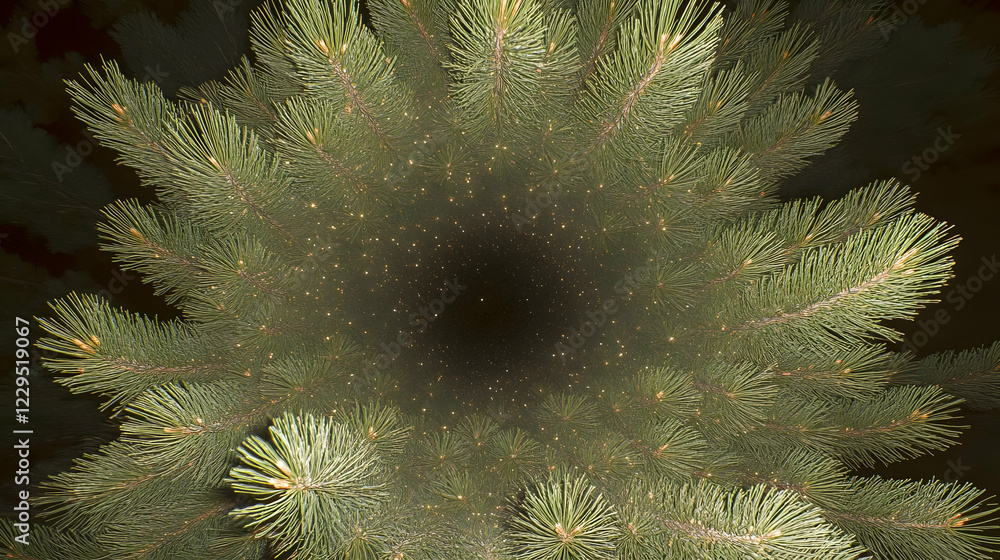 Poster kaleidoscope pine branches form a circle with sparkling golden particles in the center.