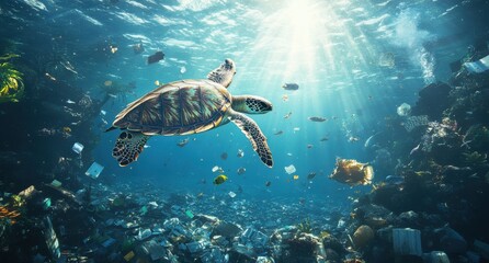 Fototapeta premium Majestic Sea Turtle Swimming in Ocean Surrounded by Marine Debris and Trash with Sunlight Filtering Through Water Surface Creating a Stunning Aquatic Scene