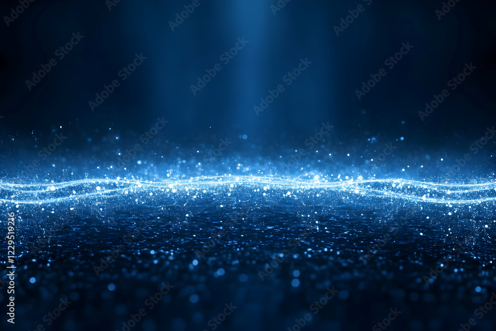 Poster abstract blue background with glowing particles forms a wave on a dark surface