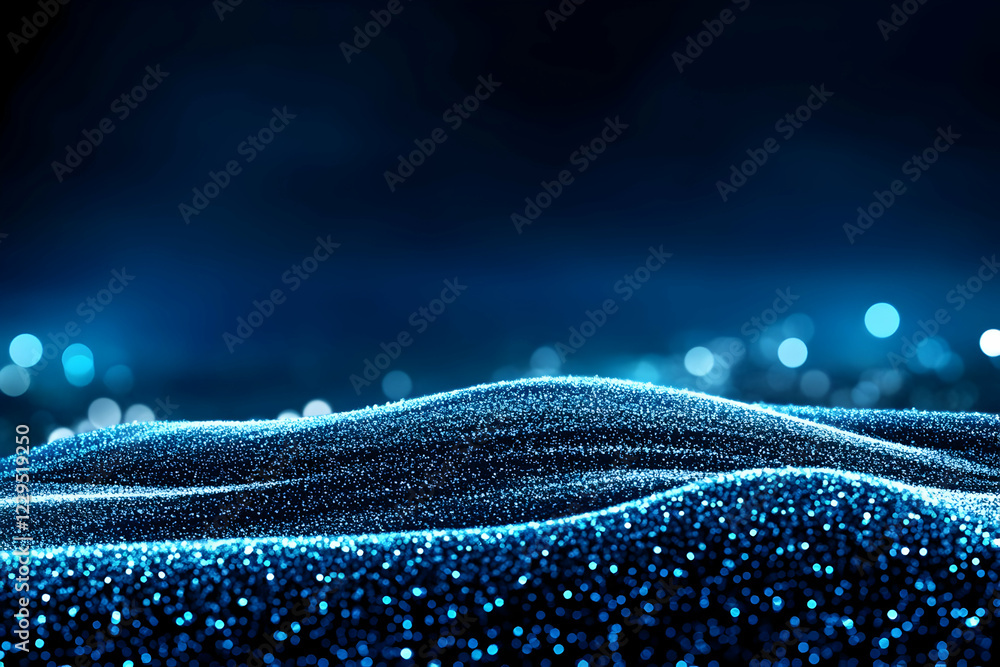 Poster abstract blue particle background creates wavy landscape with bokeh effect in a dark setting.