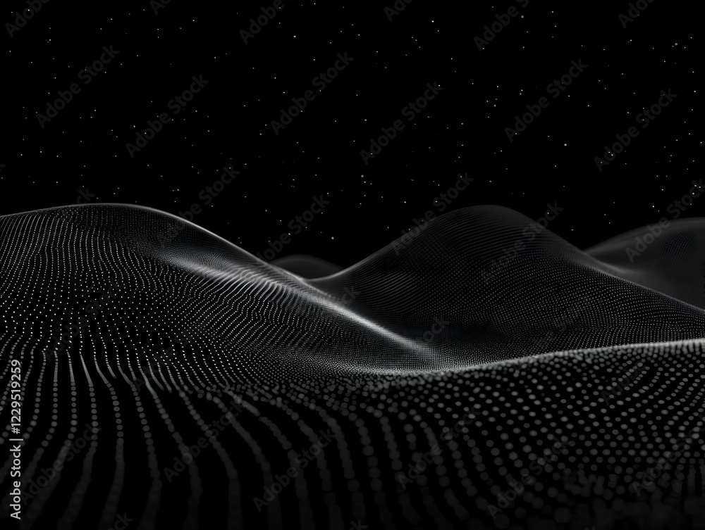 Poster abstract 3d particle landscape flows smoothly with subtle star field background.