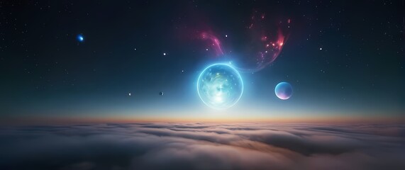 An imaginative display of celestial spheres reveling in colors while taking motion across ethereal skies