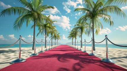 Scenic beach pathway lined with palm trees and red carpet leading to the ocean under a clear sky