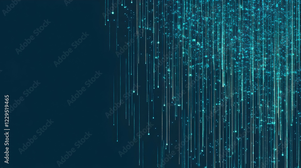 Poster abstract background with glowing teal particles falling elegantly on a deep blue canvas.