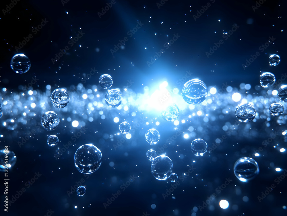 Poster floating bubbles reflecting light in a dark blue environment with sparkling particles