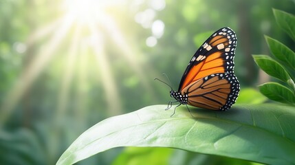 Fototapeta premium A butterfly resting on a lush green leaf, with rays of sunlight filtering through dense forest foliage in the background