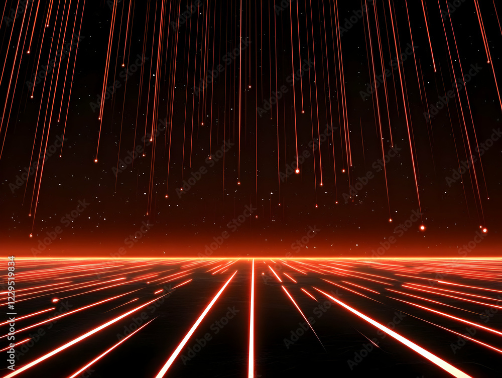 Poster Abstract Red Light Trails Flow Downward Onto Glowing Lines, Creating a Dynamic Visual.