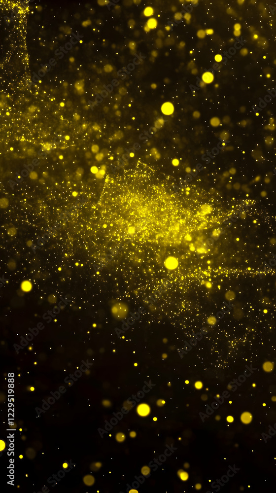Poster golden particles shimmer and float beautifully on a dark background, creating a magical atmosphere