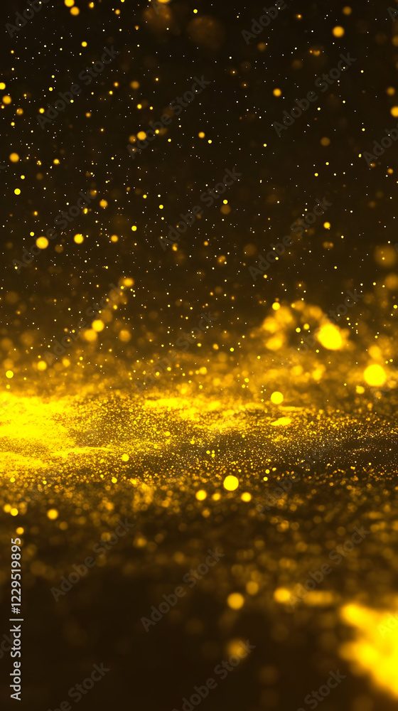 Poster golden glitter sparkles on a dark background abstract design with light bokeh effect