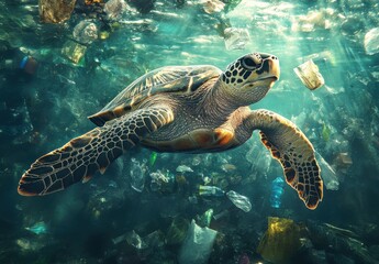 Obraz premium Majestic Sea Turtle Swimming Through Ocean Waters Filled with Plastic Waste and Pollution, Highlighting Environmental Issues and Conservation Efforts