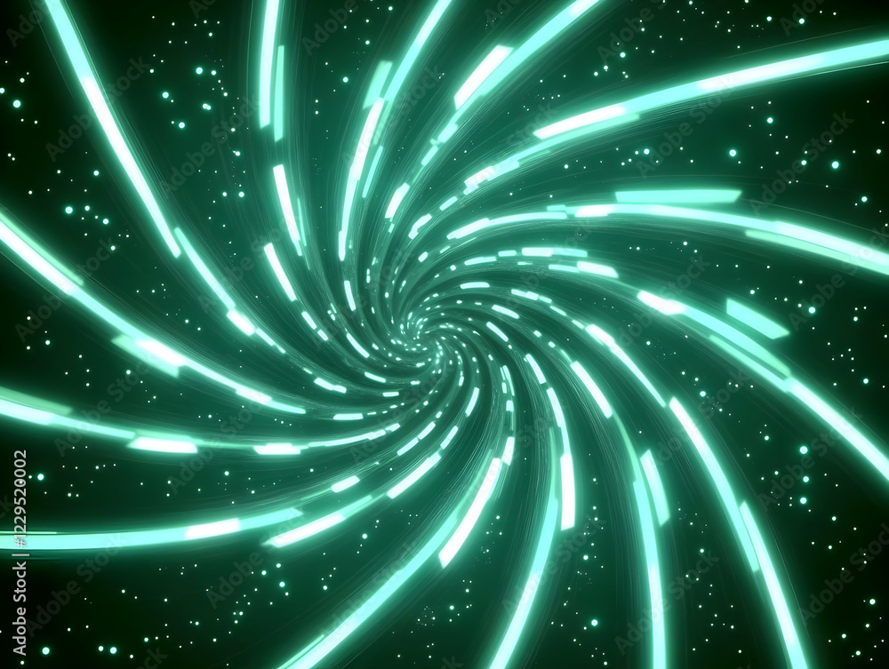 Poster abstract swirling light trails with green glowing particles form a dynamic vortex