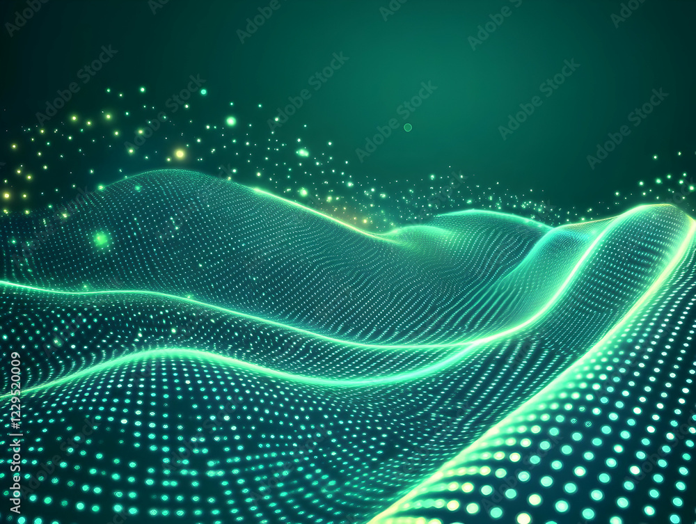 Poster Abstract Green Wavy Background Flows Smoothly with Glowing Particles and Dynamic Lighting Effect