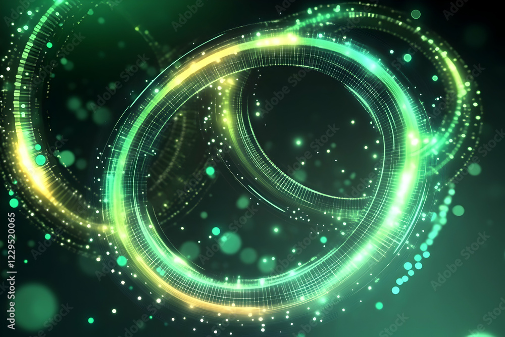 Aufkleber abstract green and gold circular light trails gracefully swirl on a dark background with soft bokeh