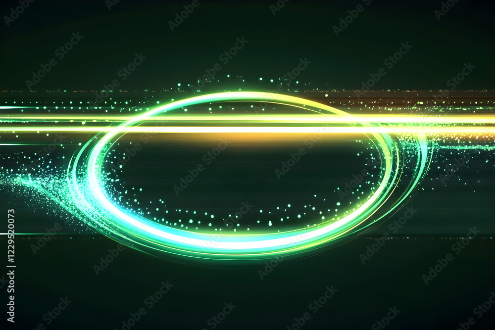 Poster abstract background with glowing green and yellow oval shape and sparkling particles on dark backgro