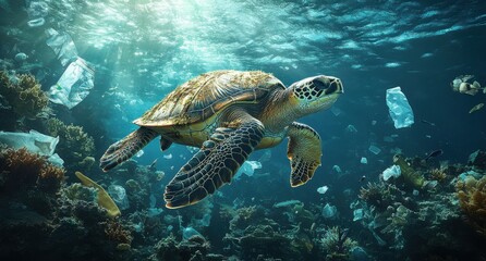 Obraz premium Majestic Sea Turtle Swimming Through Vibrant Coral Reef with Marine Litter and Clear Water Capturing Ocean's Beauty and Environmental Challenges