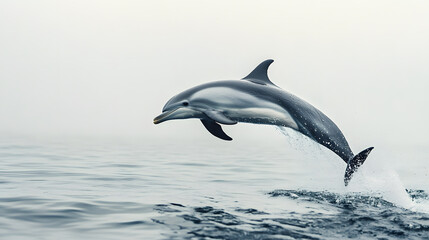 Fototapeta premium sleek dolphin leaps joyfully against white background, creating dynamic splash in ocean. graceful movement and serene setting highlight dolphin agility and beauty of marine life