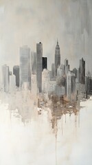 A cityscape with a tall building in the middle. The city is in the background. The painting is on a white background