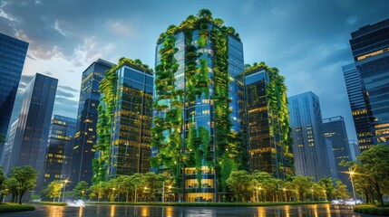 Obraz premium Modern skyscraper adorned with lush greenery amidst a bustling urban environment at dusk