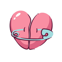 Cartoon red heart broken and mended with a safety pin. Anti Valentine's day symbol. Heartbroken, brokenness, and healing. Heartbroken in half mended with pin.