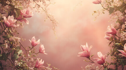 Fototapeta premium romantic circle of pink magnolias and green ivy creates serene and dreamy atmosphere, with soft light enhancing delicate petals and lush foliage