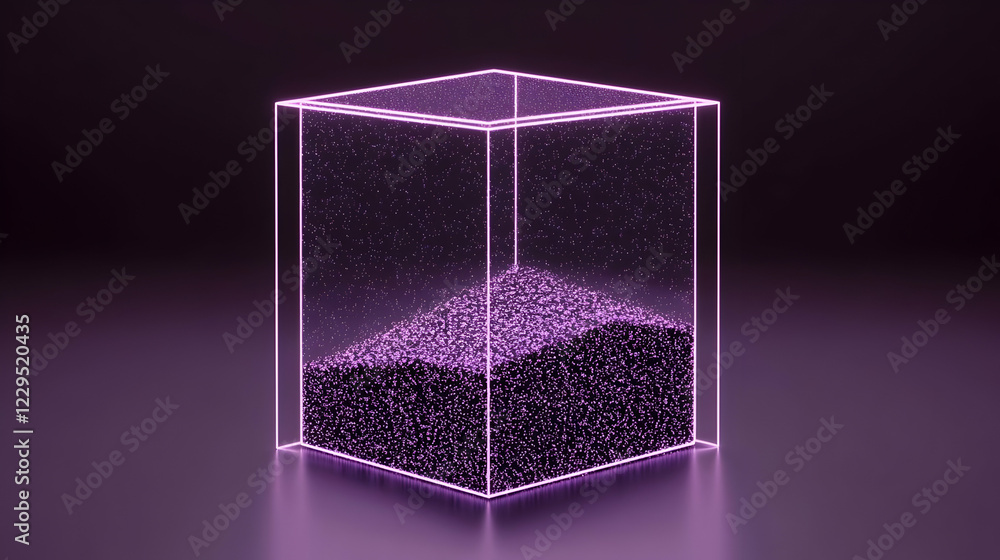 Poster 3d render of glowing purple particles filling a transparent cube on a dark background