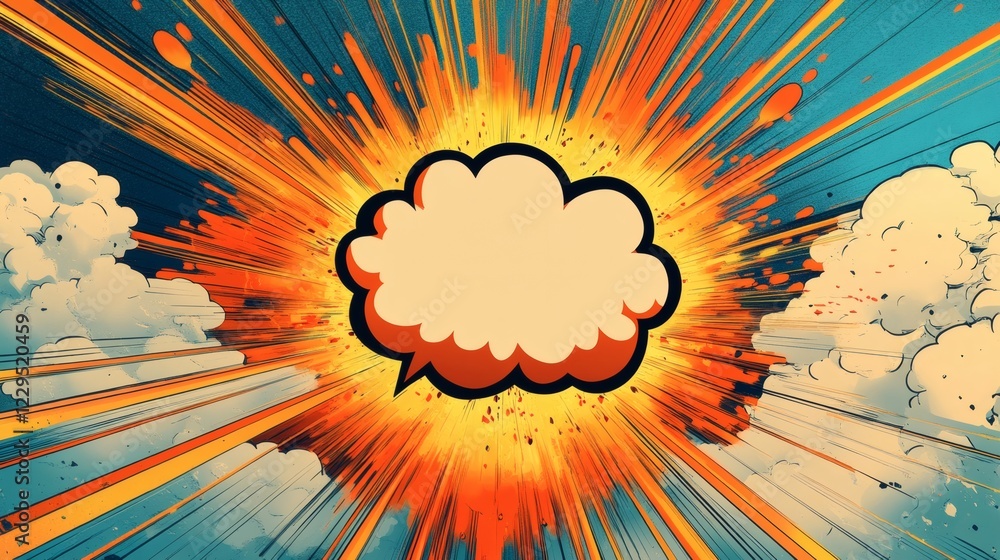 Poster dynamic comic artstyle explosion with a bold pop speech bubble at the center bright colors and sharp