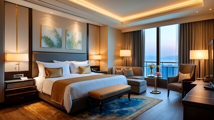 Luxurious hotel suite with cozy king size bed
