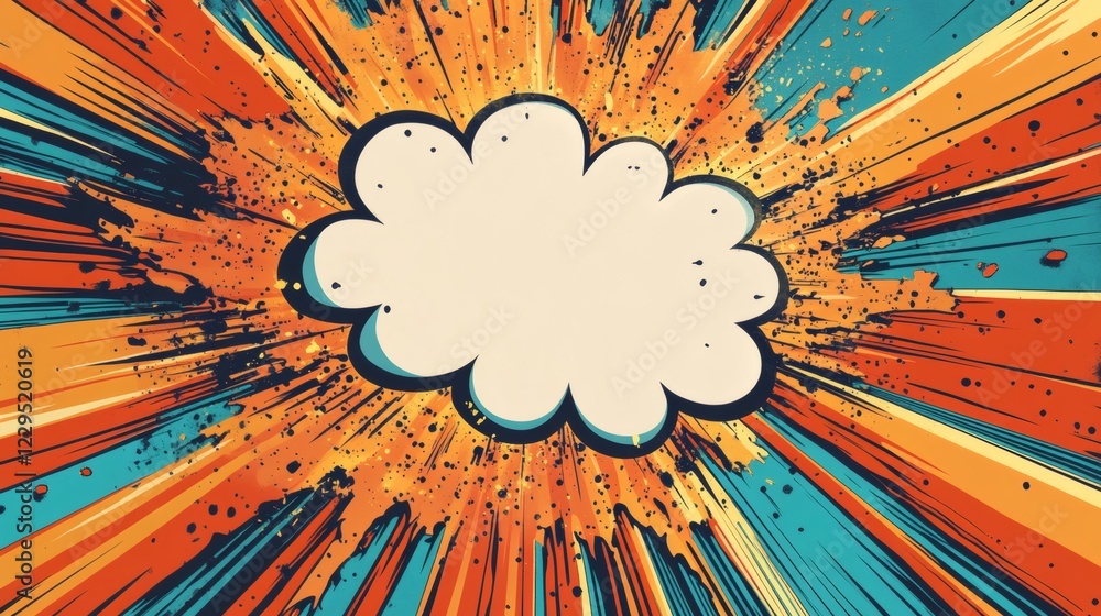Poster dynamic comic artstyle explosion with a bold pop speech bubble at the center bright colors and sharp