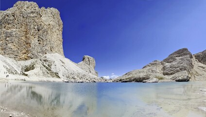 Antermoia glacier lake in the Catinaccio group, dolomites, Italy, Europe