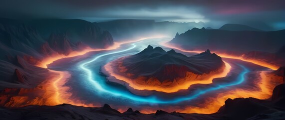 An imaginative landscape where colors flow like rivers through whimsical formations