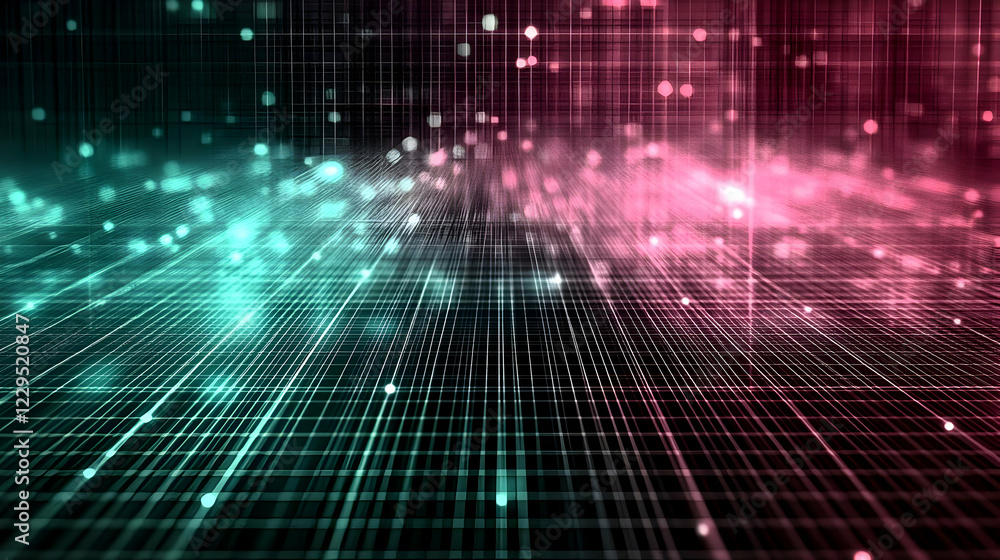 Poster abstract background shows glowing grid pattern with futuristic digital network technology.